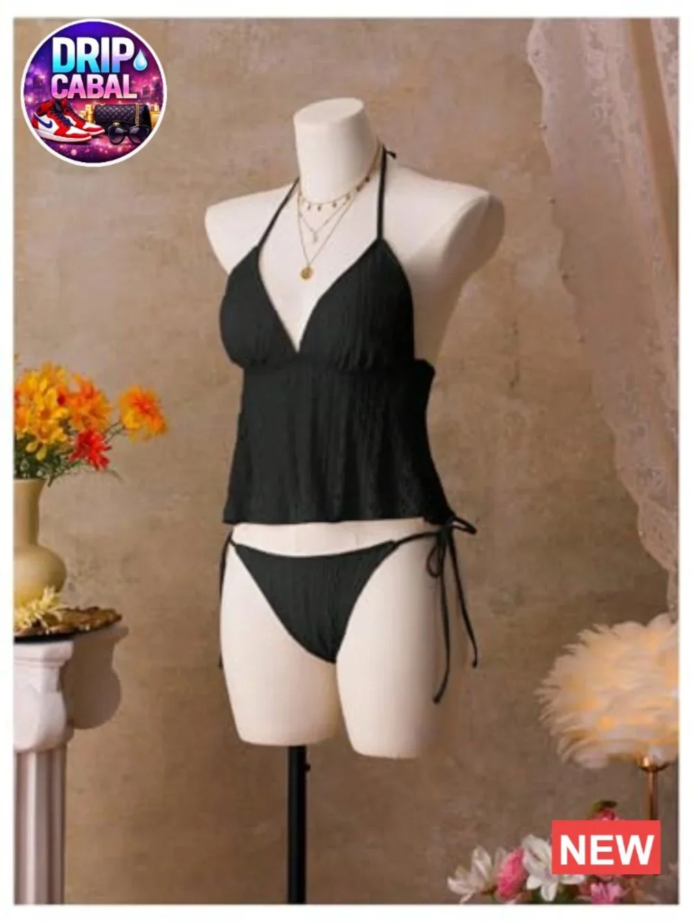 Women's Halter Tankini Swimsuit V Neck Tie Side String Textured 2 Piece Bathing